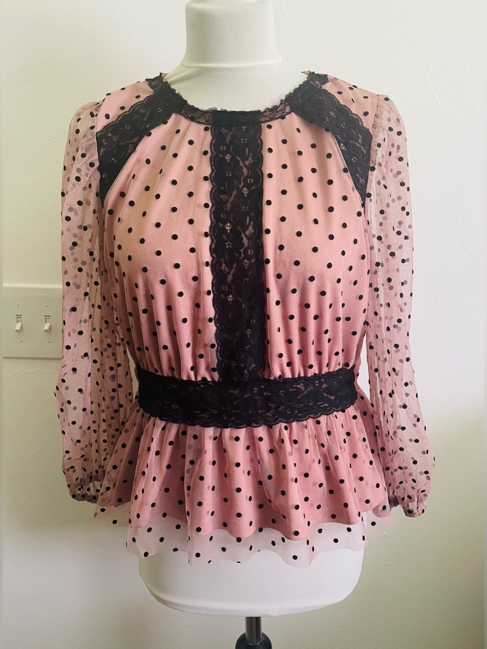 Orchid Haze Women Peplum Top L Pastel Pink Polka Dot Coquette Romantic Parisian